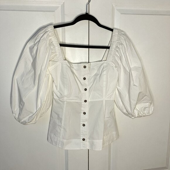 Ganni Poplin Puff Sleeve Blouse Womens 0 White Milkmaid Prairie Coquette - Picture 2 of 11